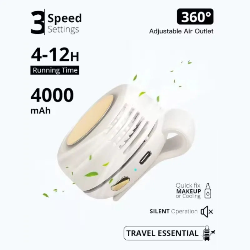 Portable Mini Bladeless Fan 3 Speed Adjustable Clip on Waist Shirt Silent Electric Fan Outdoor Travel Cooling Fan